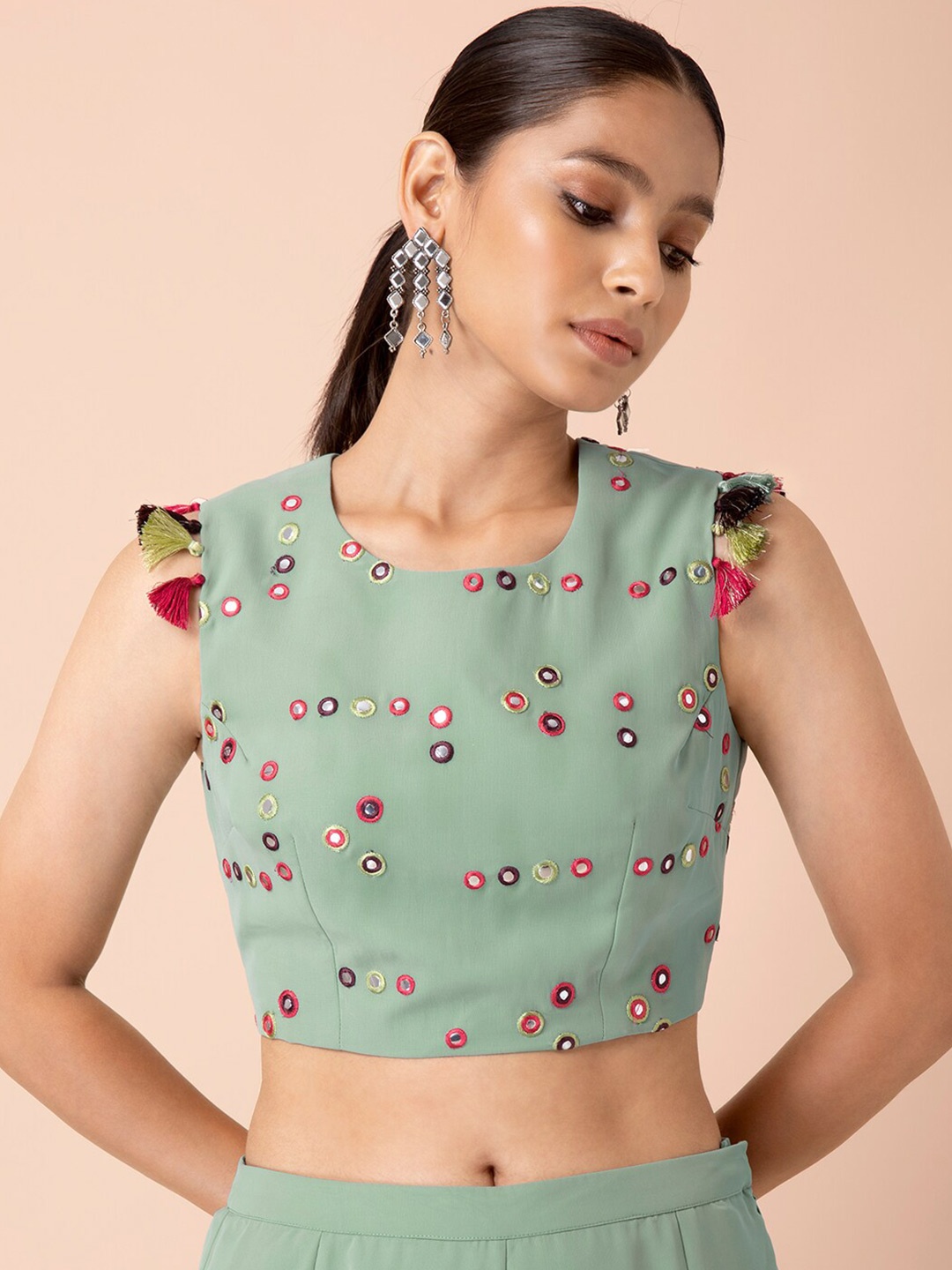 

Rang by Indya X Payal Singhal Green Mirror Work Tasselled Crop Top