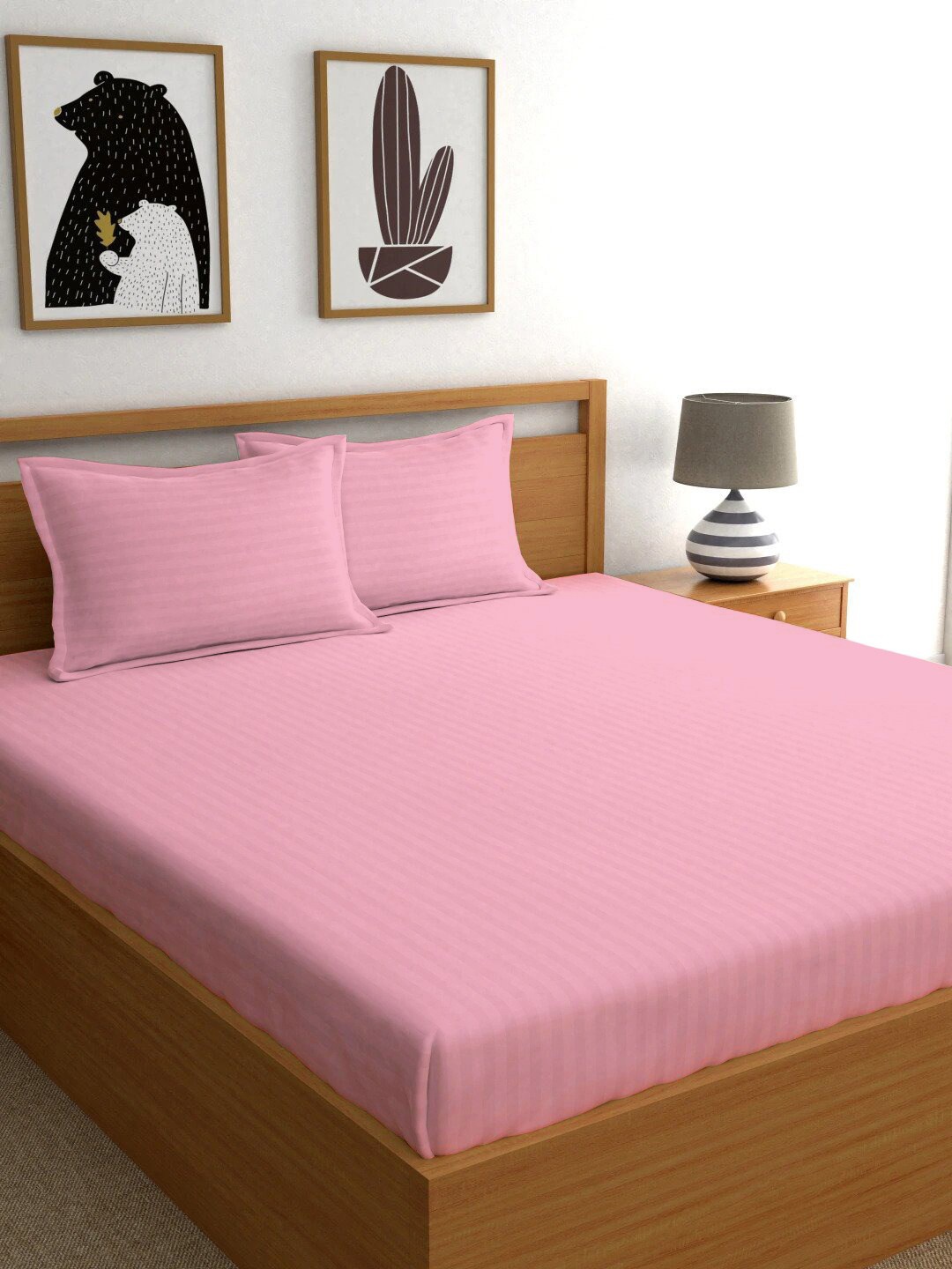 

Ariana Pink Striped 210 TC Pure Cotton King Bedsheet with 2 Pillow Covers