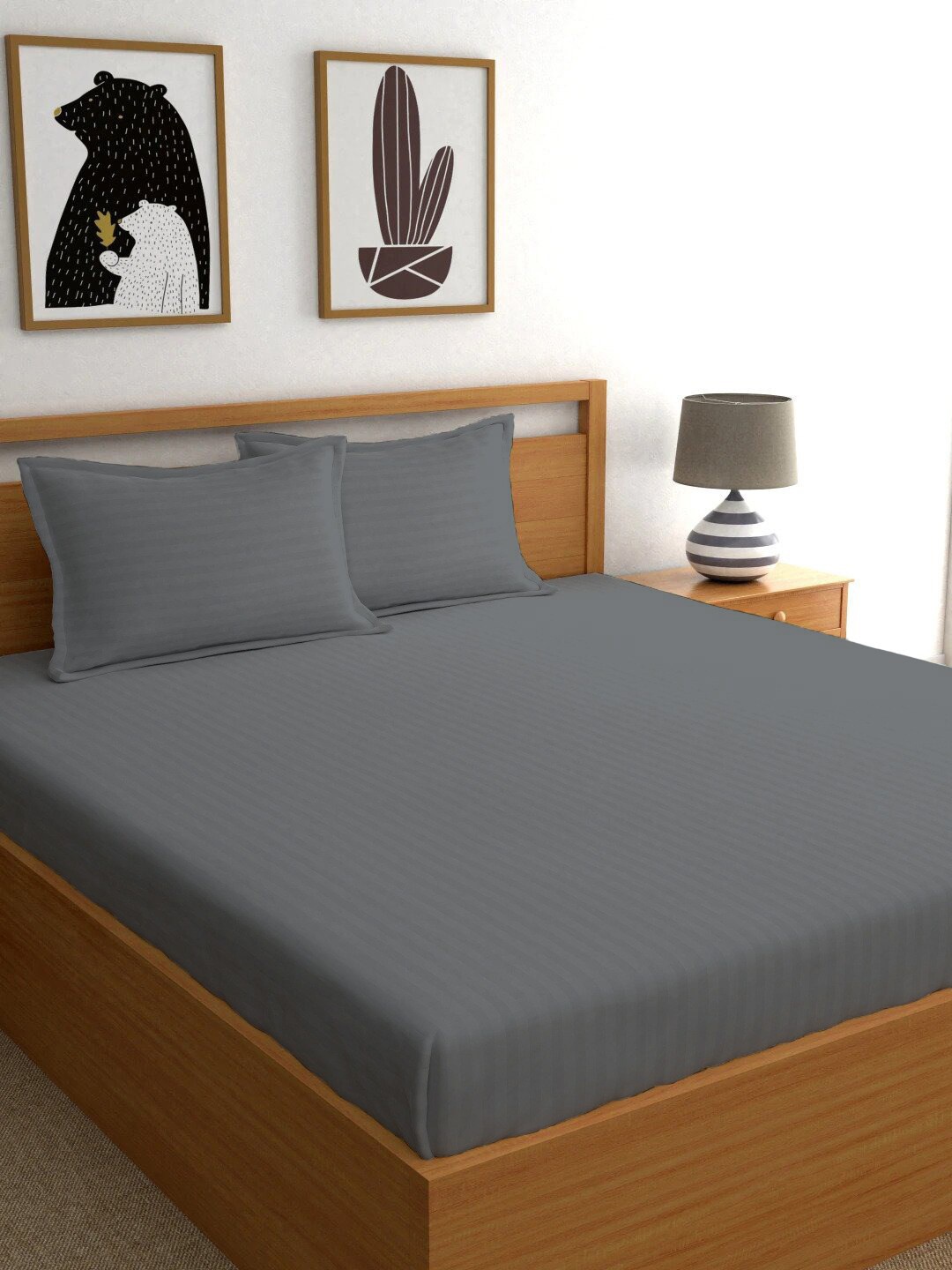 

Ariana Grey Striped 210 TC Pure Cotton King Bedsheet with 2 Pillow Covers