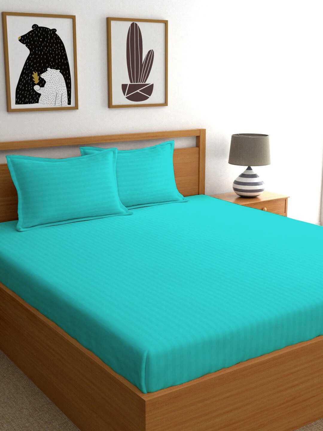 

Ariana Turquoise Blue Striped 210 TC Pure Cotton King Bedsheet with 2 Pillow Covers