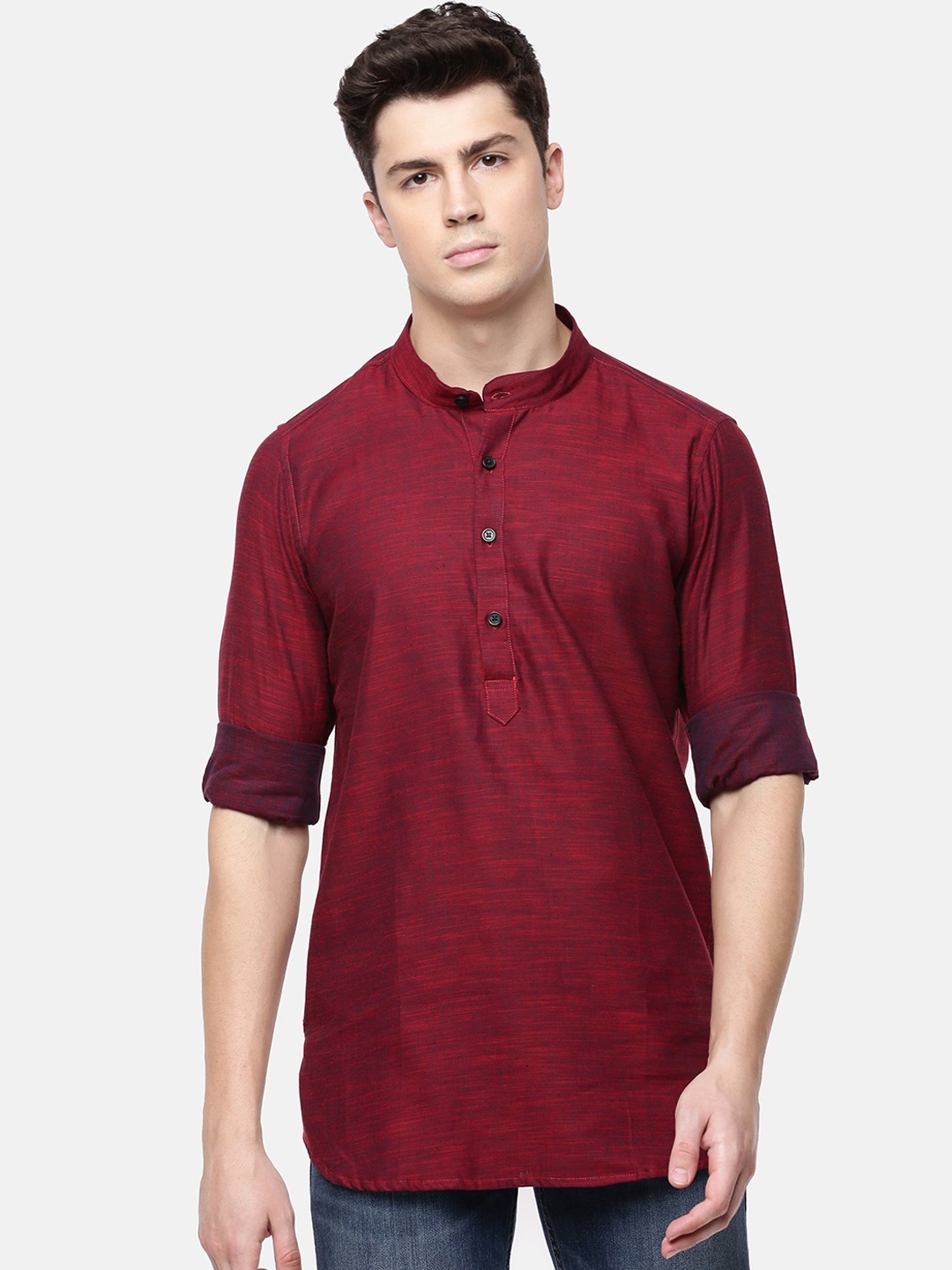 

Cross Court Men Maroon Solid Mandarin Collar Cotton Kurta
