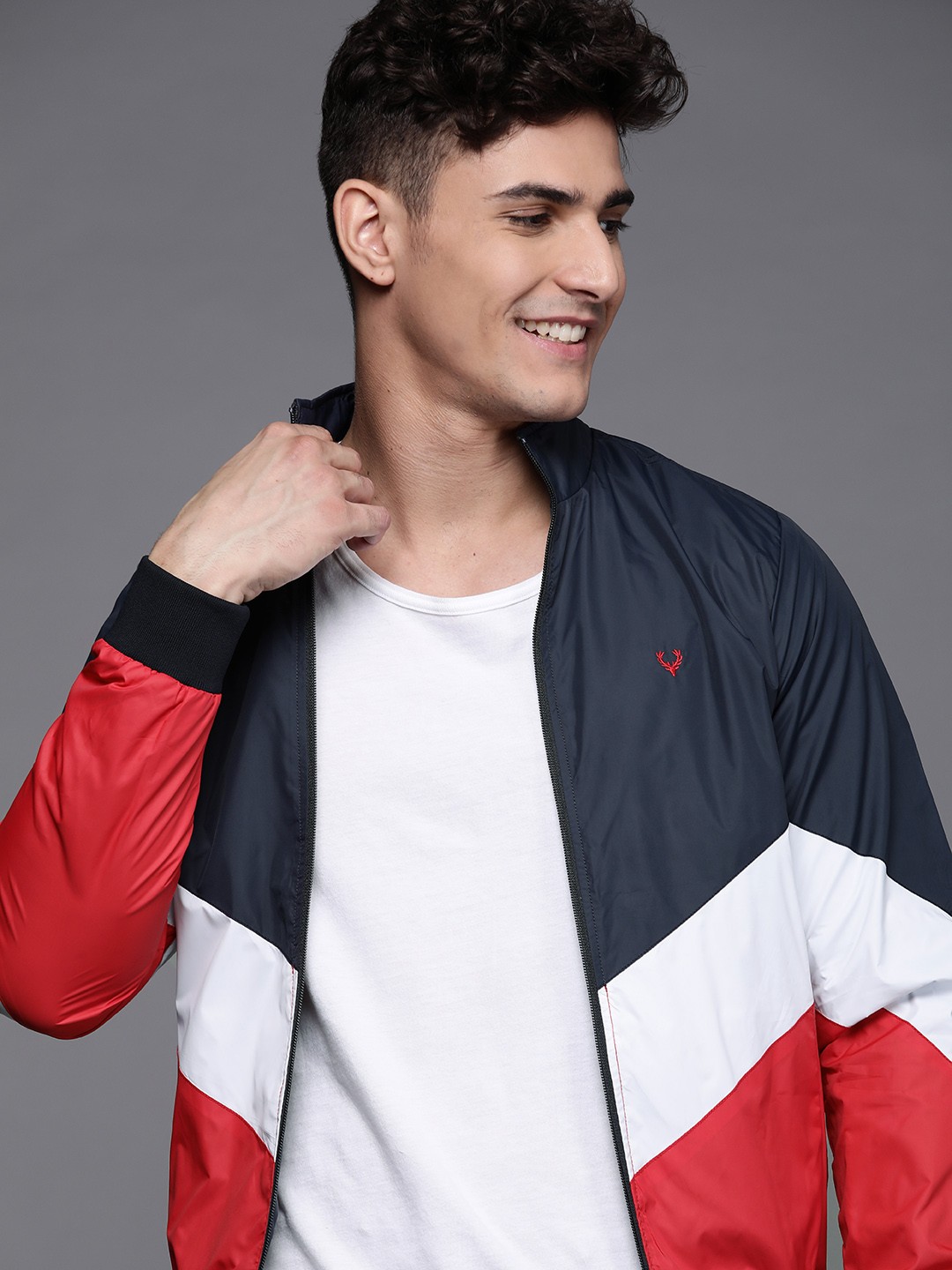 

Allen Solly Sport Men Navy Blue & Red Colorblocked Bomber Jacket