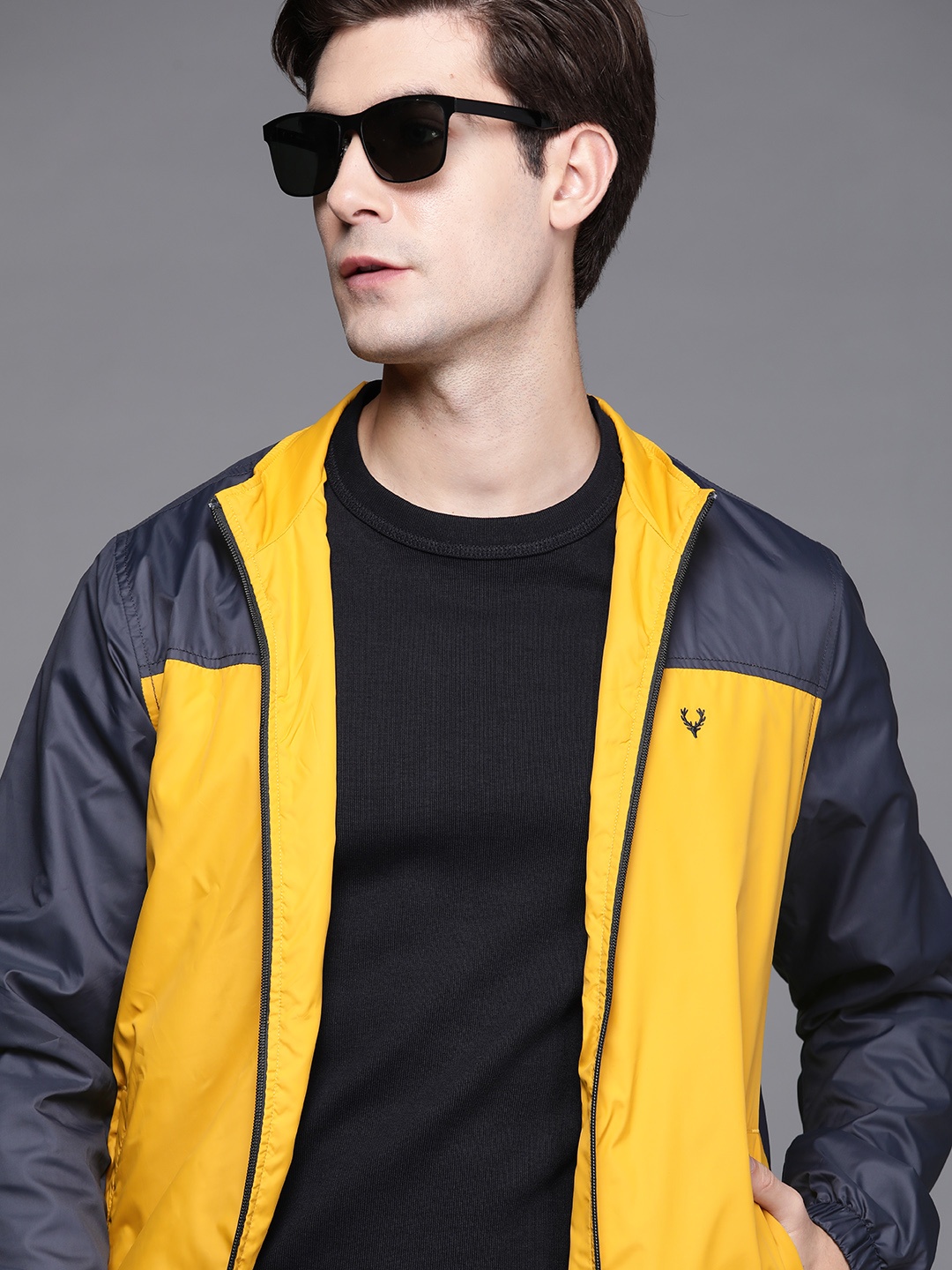 

Allen Solly Sport Men Yellow Navy Blue Colourblocked Bomber Jacket