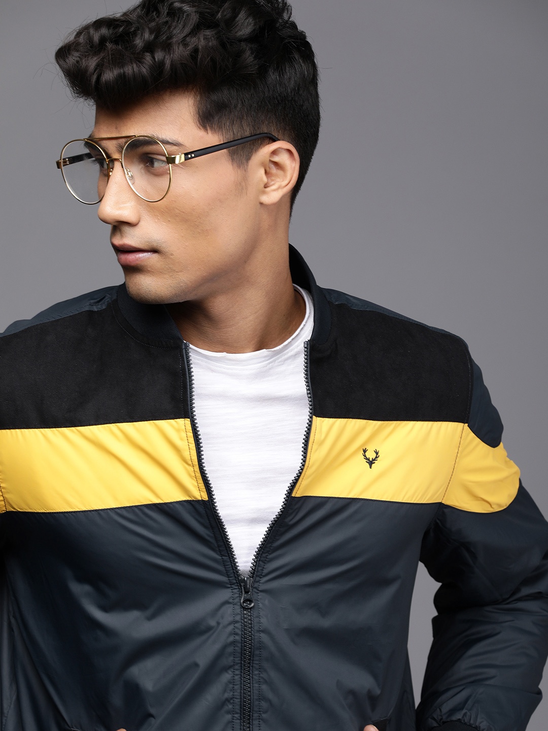 

Allen Solly Sport Men Navy Blue Yellow Striped Bomber Jacket