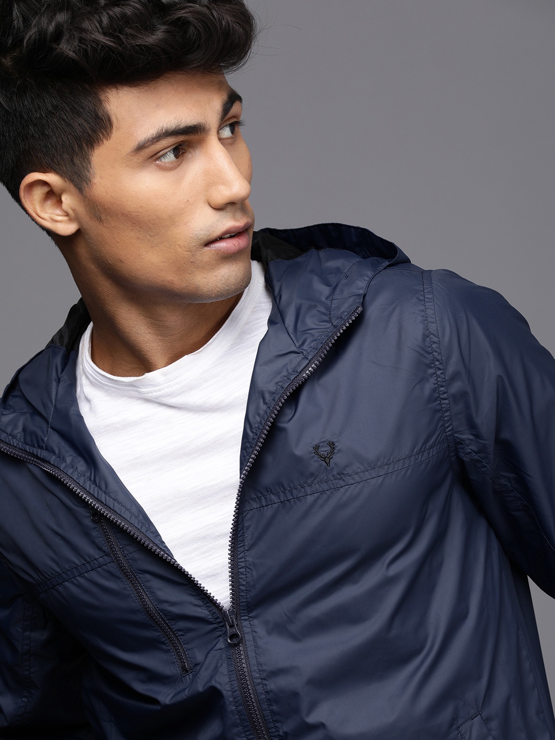 

Allen Solly Sport Men Navy Blue Solid Hooded Bomber Jacket