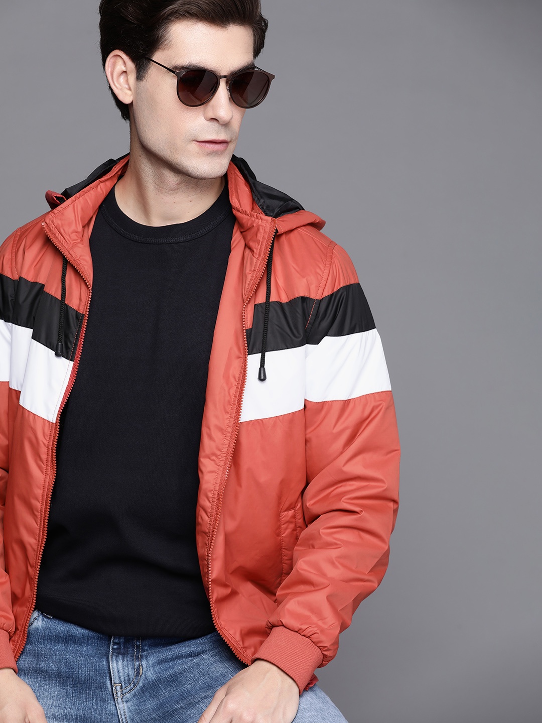 

Allen Solly Sport Men Orange White Striped Bomber Jacket