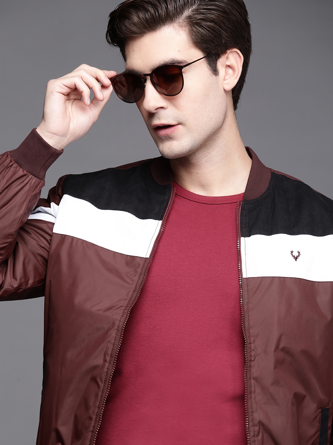 

Allen Solly Sport Men Maroon White Striped Bomber Jacket