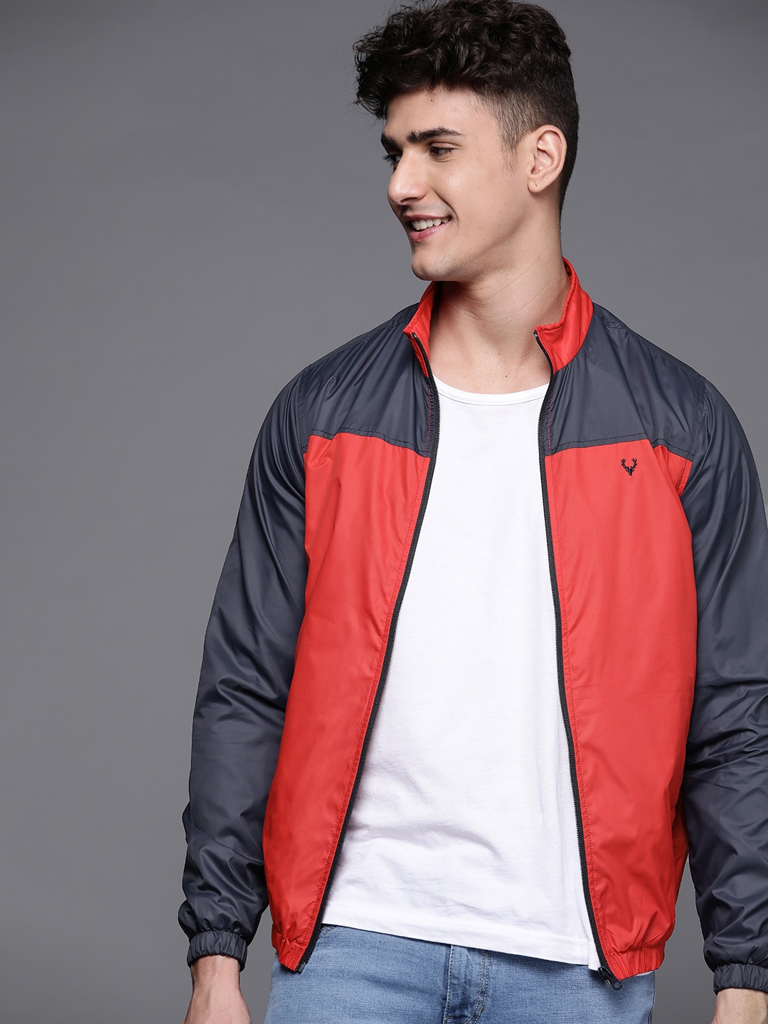 

Allen Solly Sport Men Red & Navy Blue Colourblocked Bomber Jacket