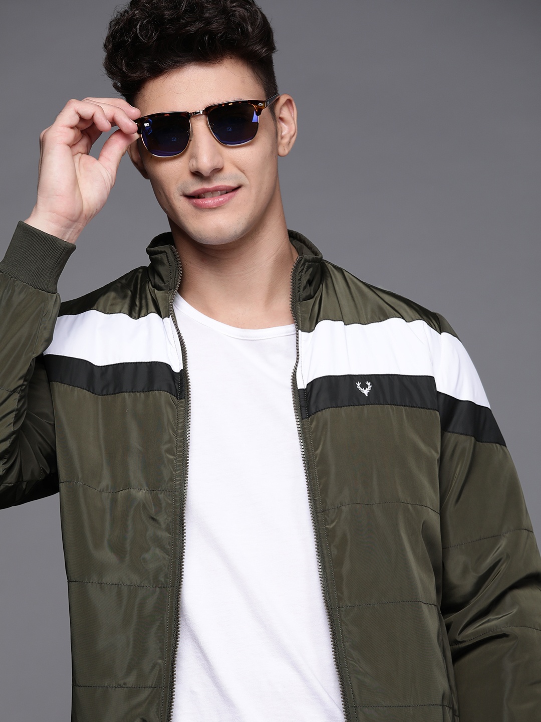 

Allen Solly Sport Men Olive Green & White Striped Bomber Jacket