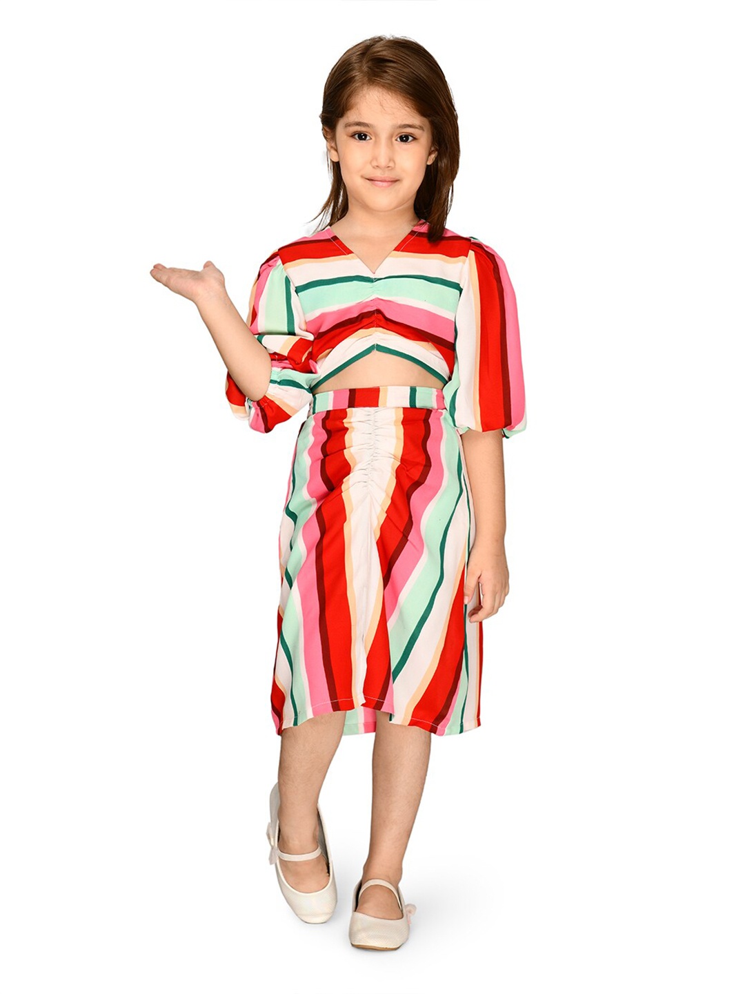 

LilPicks Girls Red & Green Striped Top with Skirt