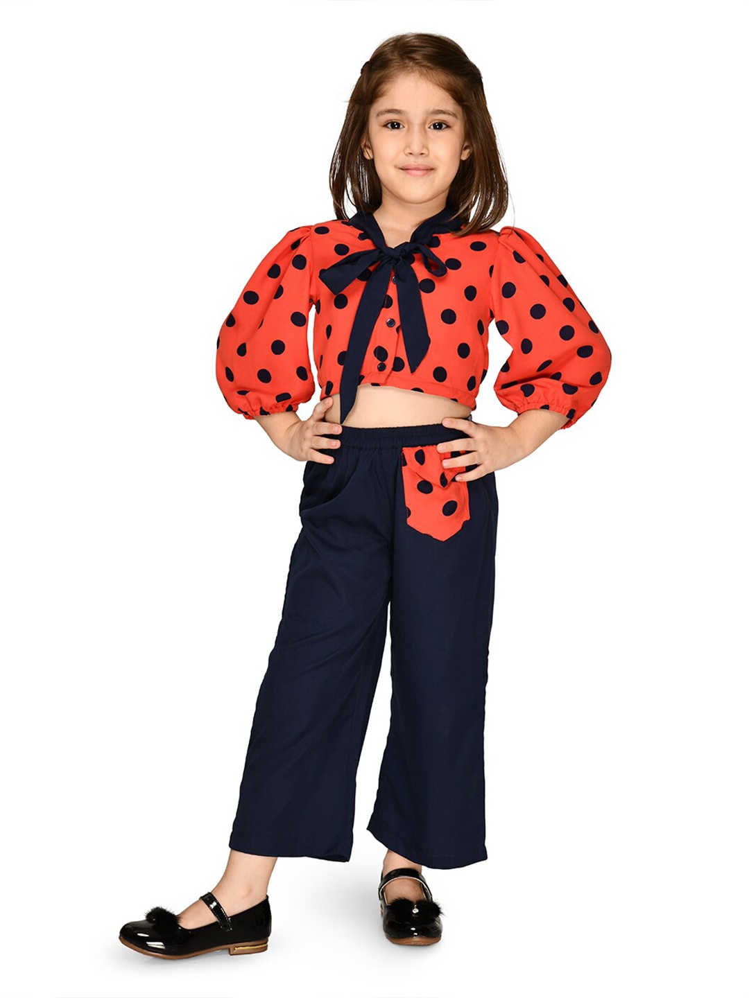 

LilPicks Girls Red & Navy Blue Printed Top with Palazzos
