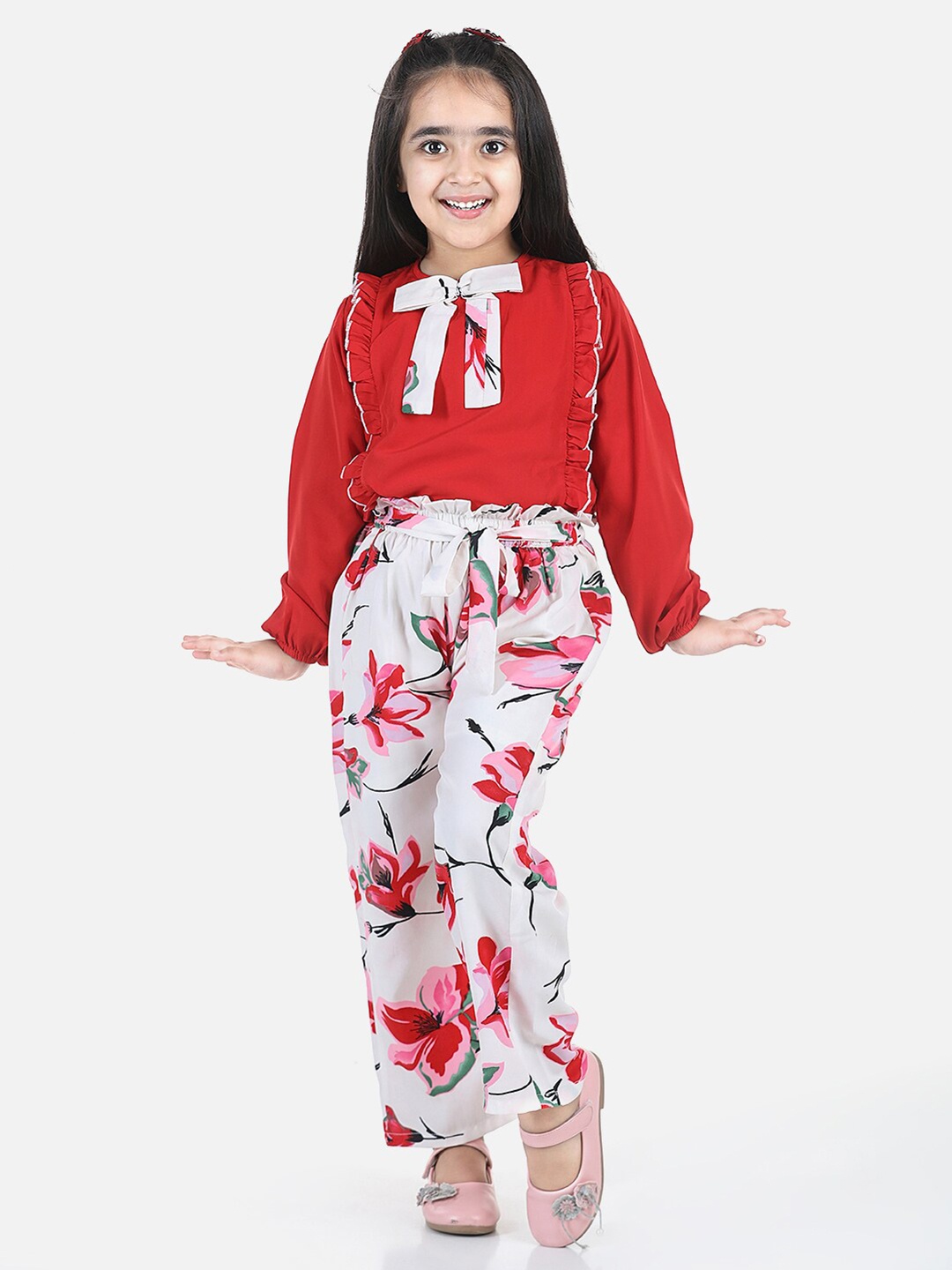 

Cutiekins Girls Red & White Embellished Top with Palazzos
