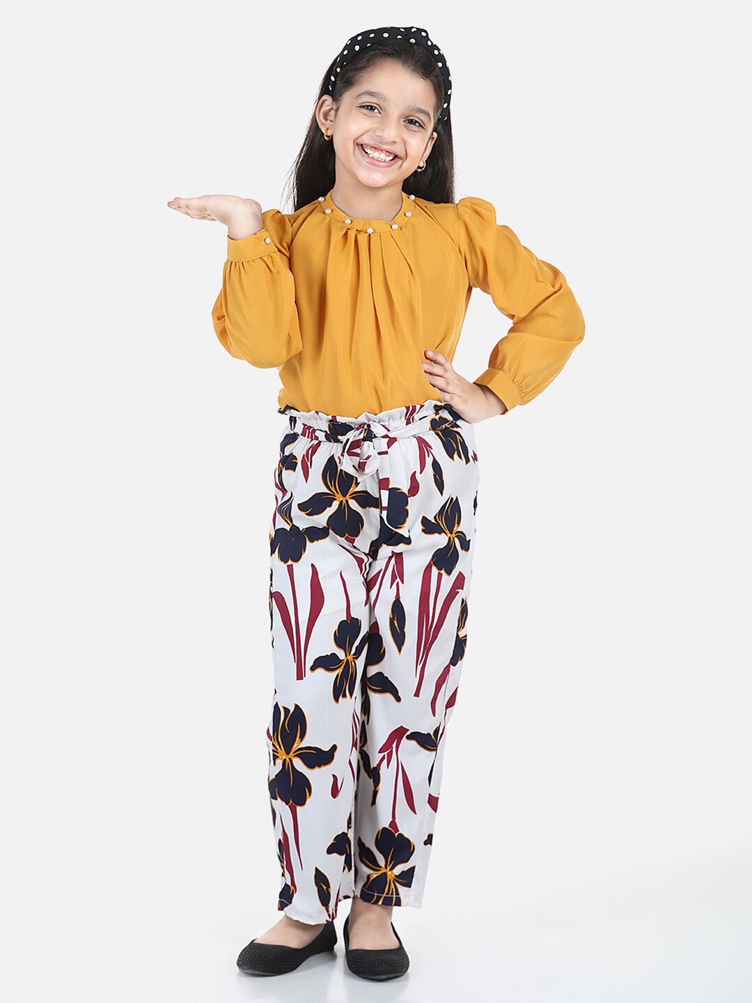 

Cutiekins Girls Mustard & White Embellished Top with Palazzos