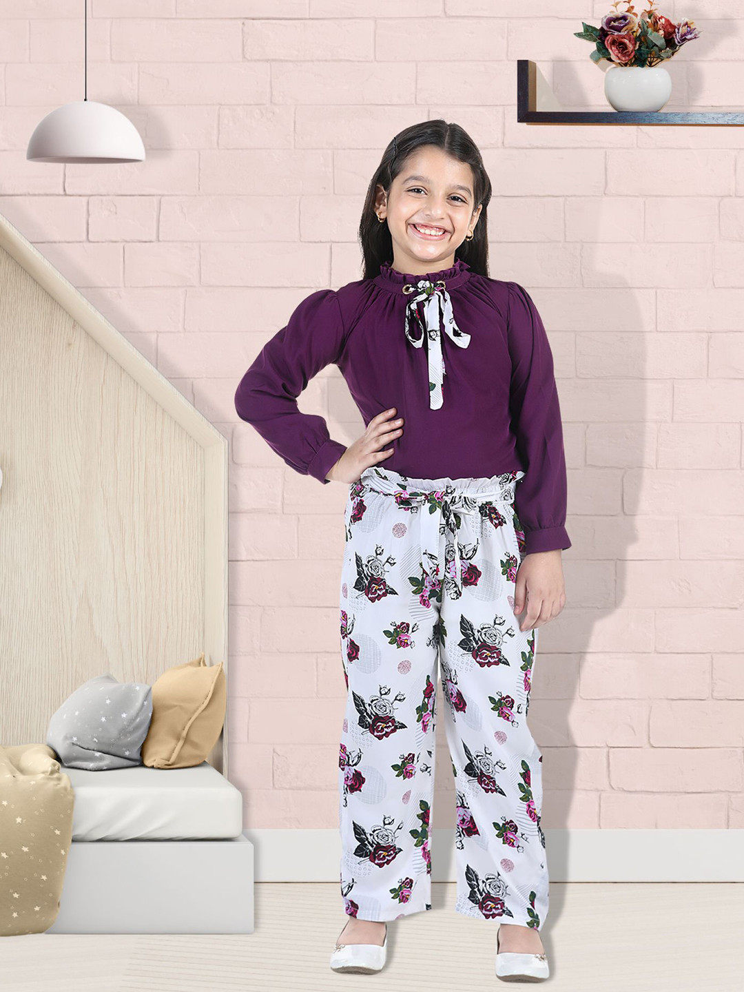 

Cutiekins Girls Purple & White Embellished Top with Palazzos