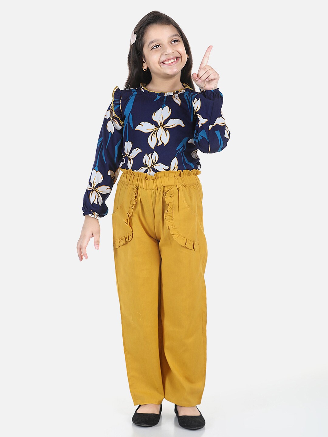 

Cutiekins Girls Navy Blue & Yellow Printed Top with Palazzos