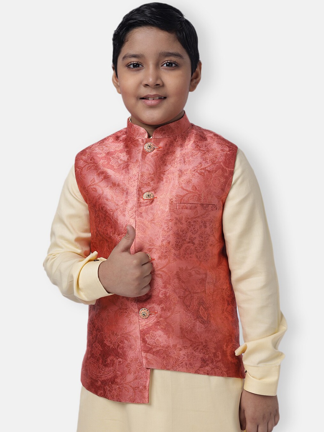 

NAMASKAR Boys Peach-Coloured Printed Pure Silk Woven Nehru Jacket