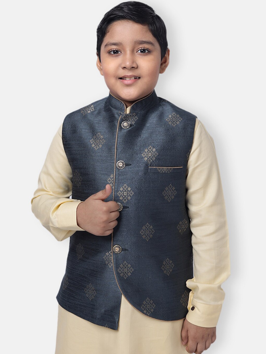 

NAMASKAR Boys Grey & Gold Woven Design Silk Nehru Jacket