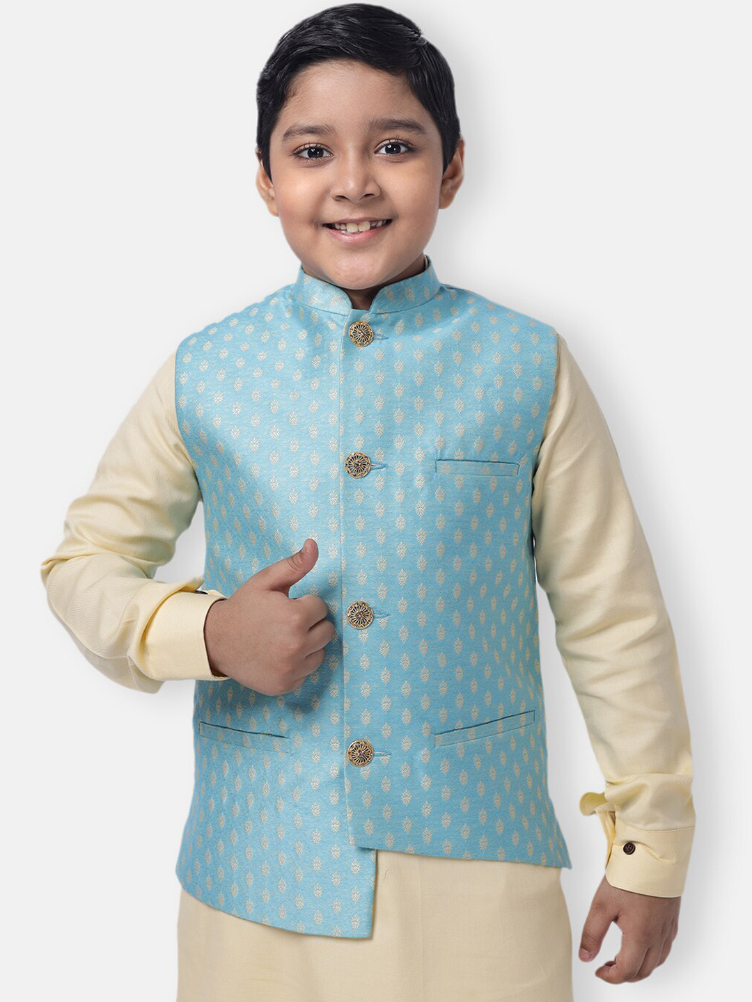 

NAMASKAR Boys Turquoise Blue Woven Design Nehru Jacket