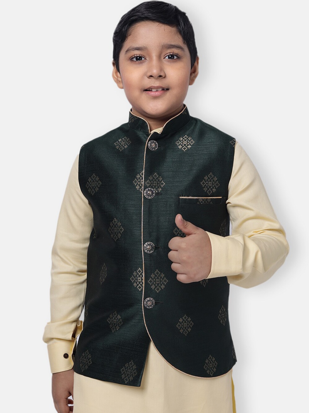 

NAMASKAR Boys Green & Gold-Coloured Printed Pure Silk Woven Nehru Jacket