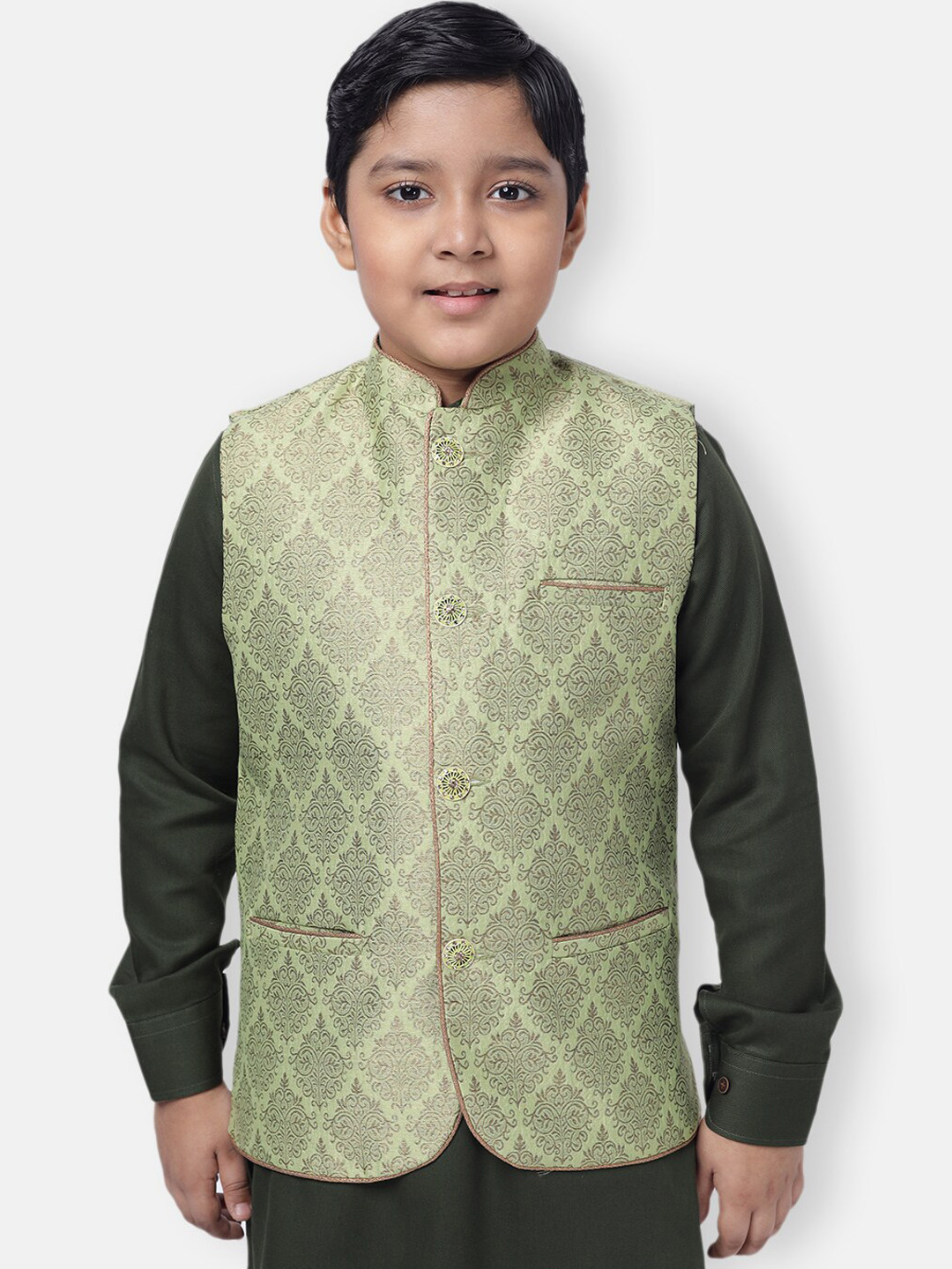 

NAMASKAR Boys Green & Brown Printed Pure Silk Woven Nehru Jacket