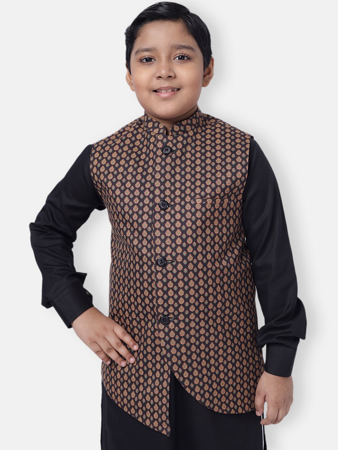 

NAMASKAR Boys Black Printed Asymmetric Pure Cotton Nehru Jacket