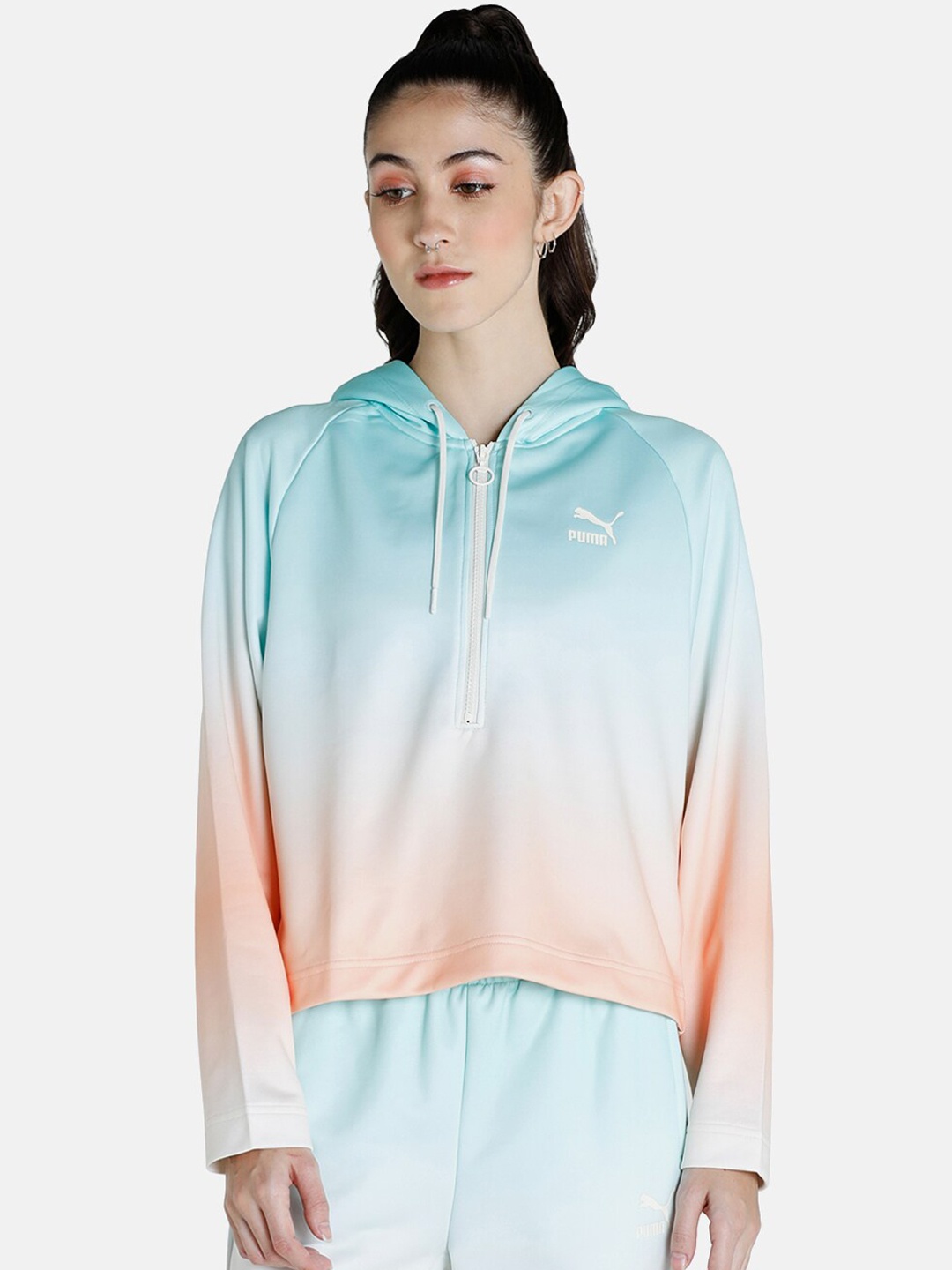 

Puma Women Blue & Peach Gloaming AOP Relaxed Fit Hoodie