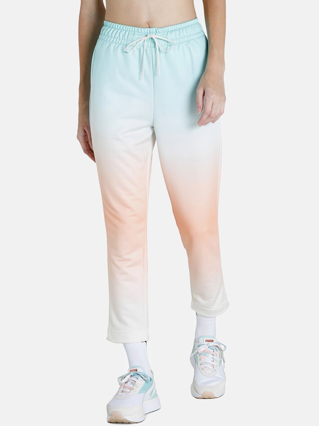 

Puma Women Blue & Peach Printed Gloaming AOP Regular Fit Knitted Slim Track Pants