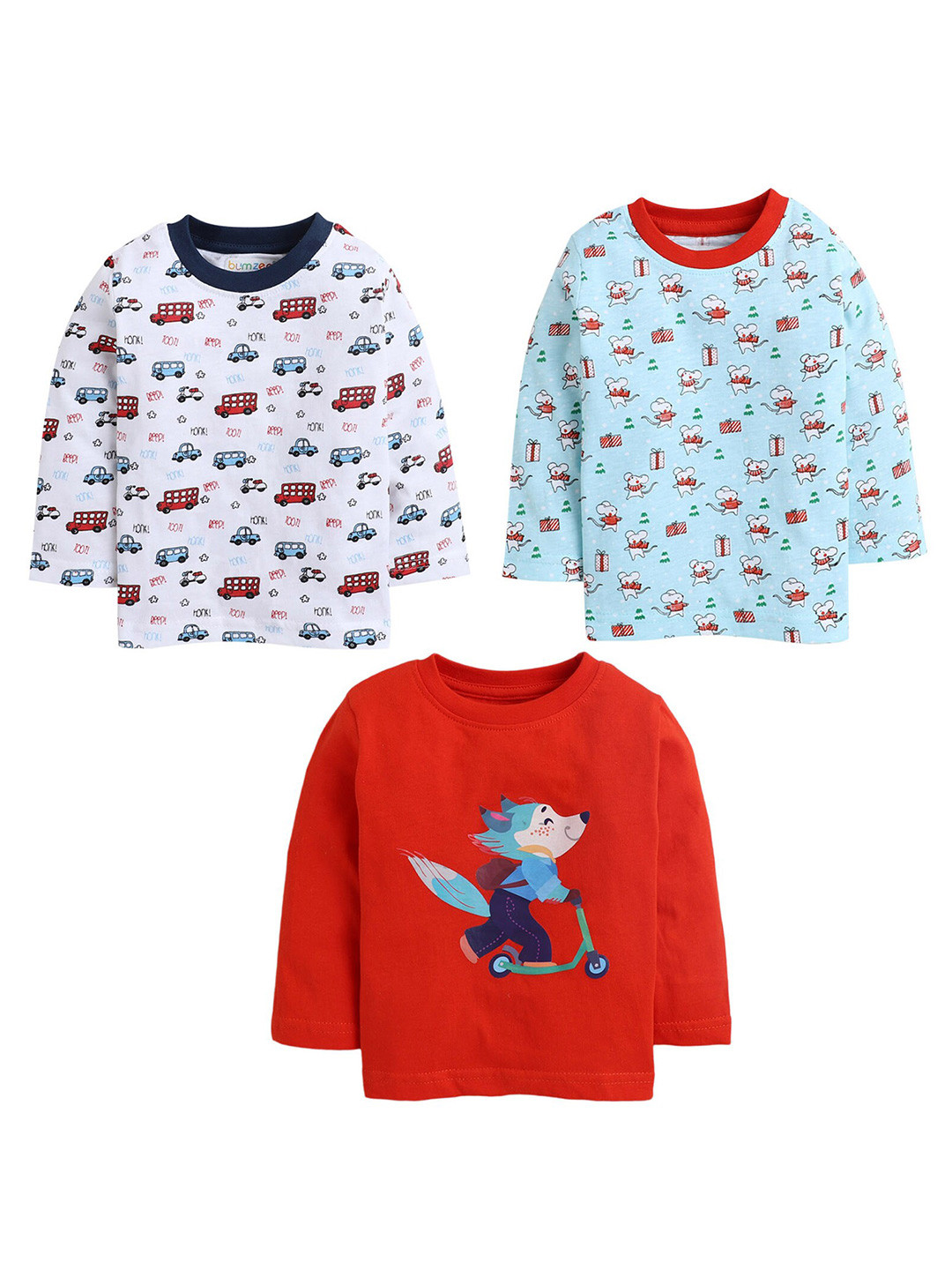 

BUMZEE Boys Red & Blue Set Of 3 Printed Full Sleeve T-shirts
