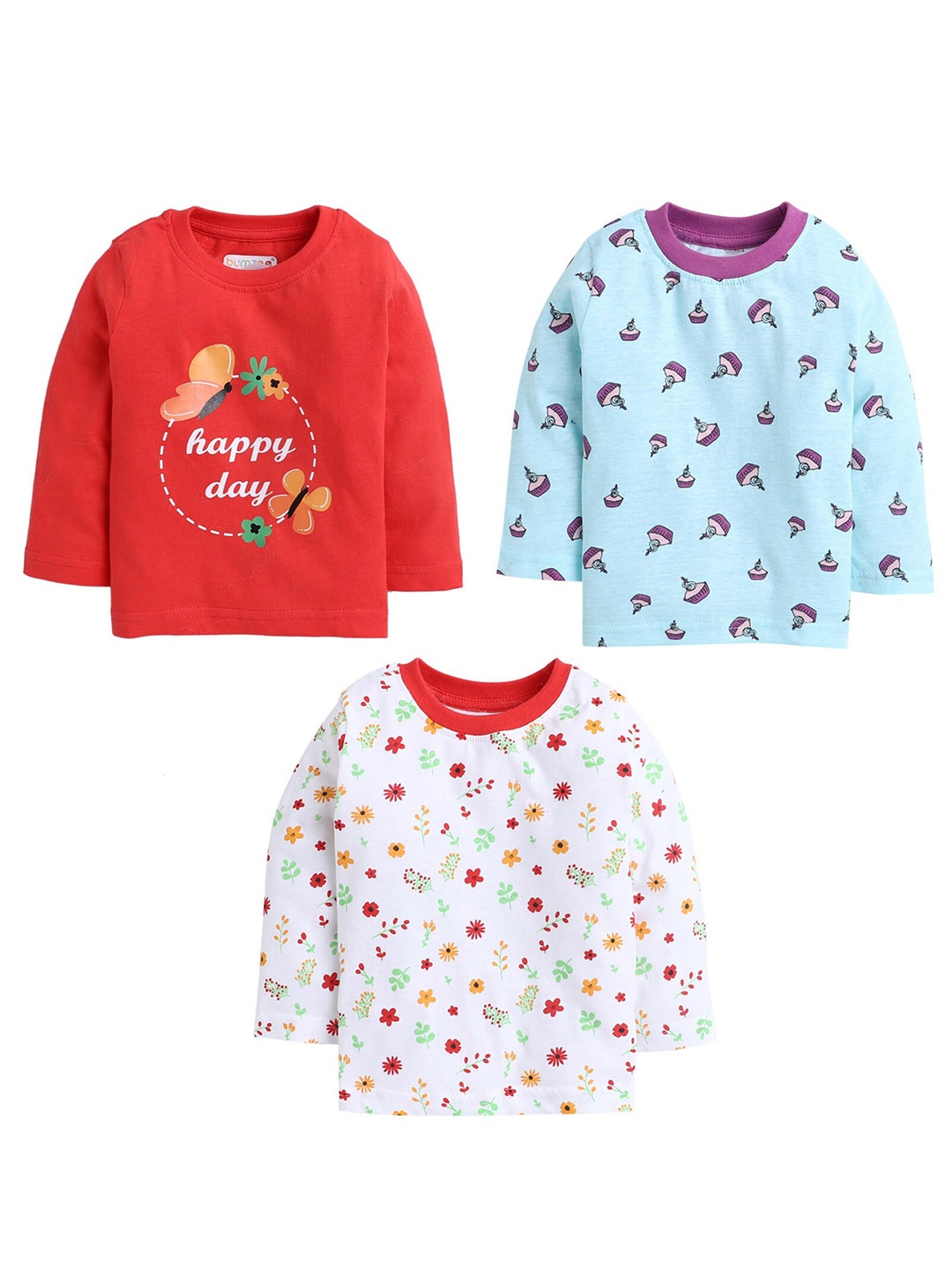 

BUMZEE Girls Red & Blue Set Of 3 Printed Applique T-shirts