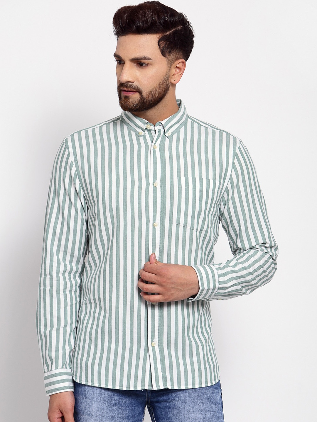 

KLOTTHE Men Green & White Striped Pure Cotton Casual Shirt