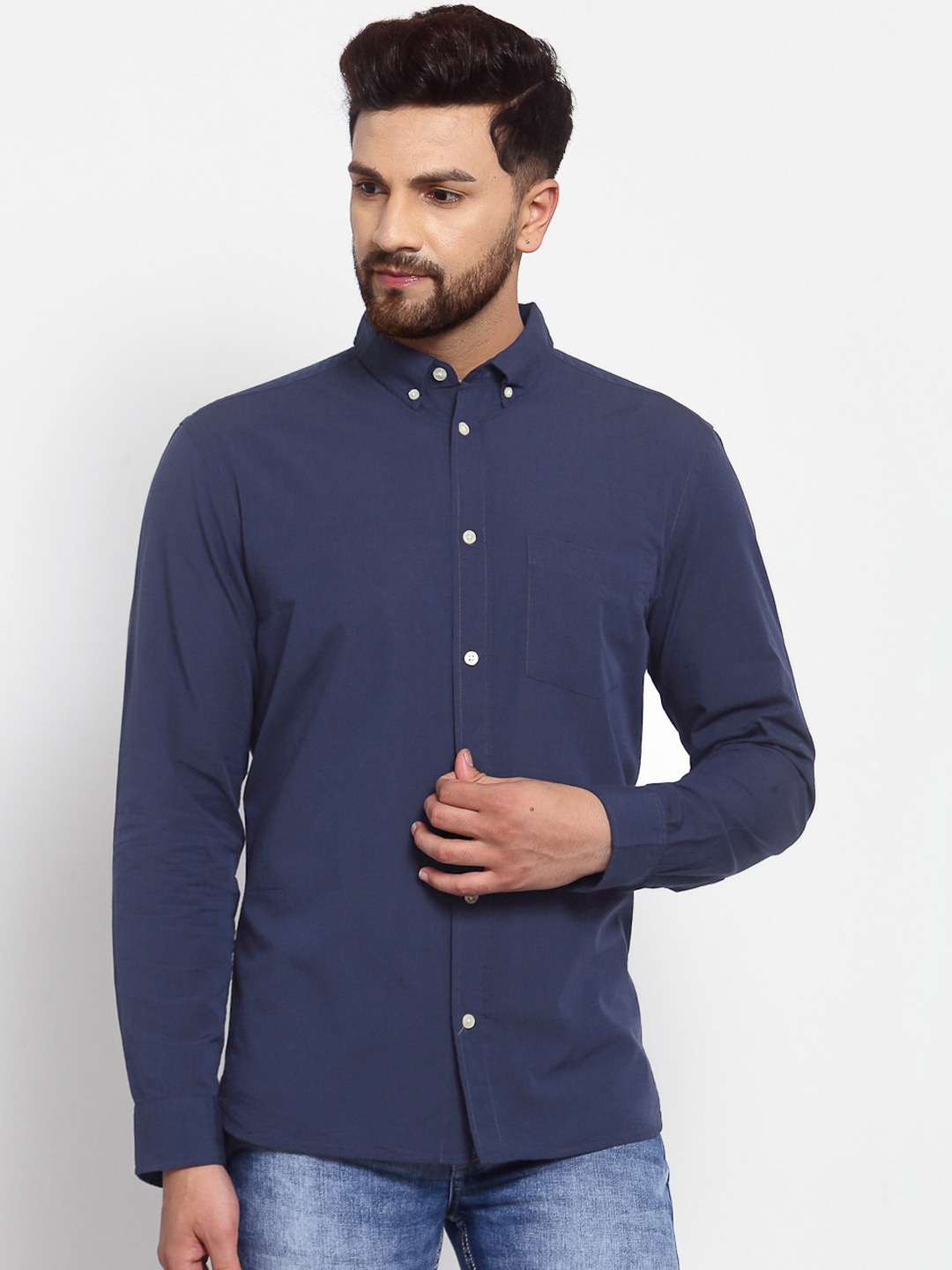 

KLOTTHE Men Navy Blue Opaque Button-Down Collar Pure Cotton Casual Shirt