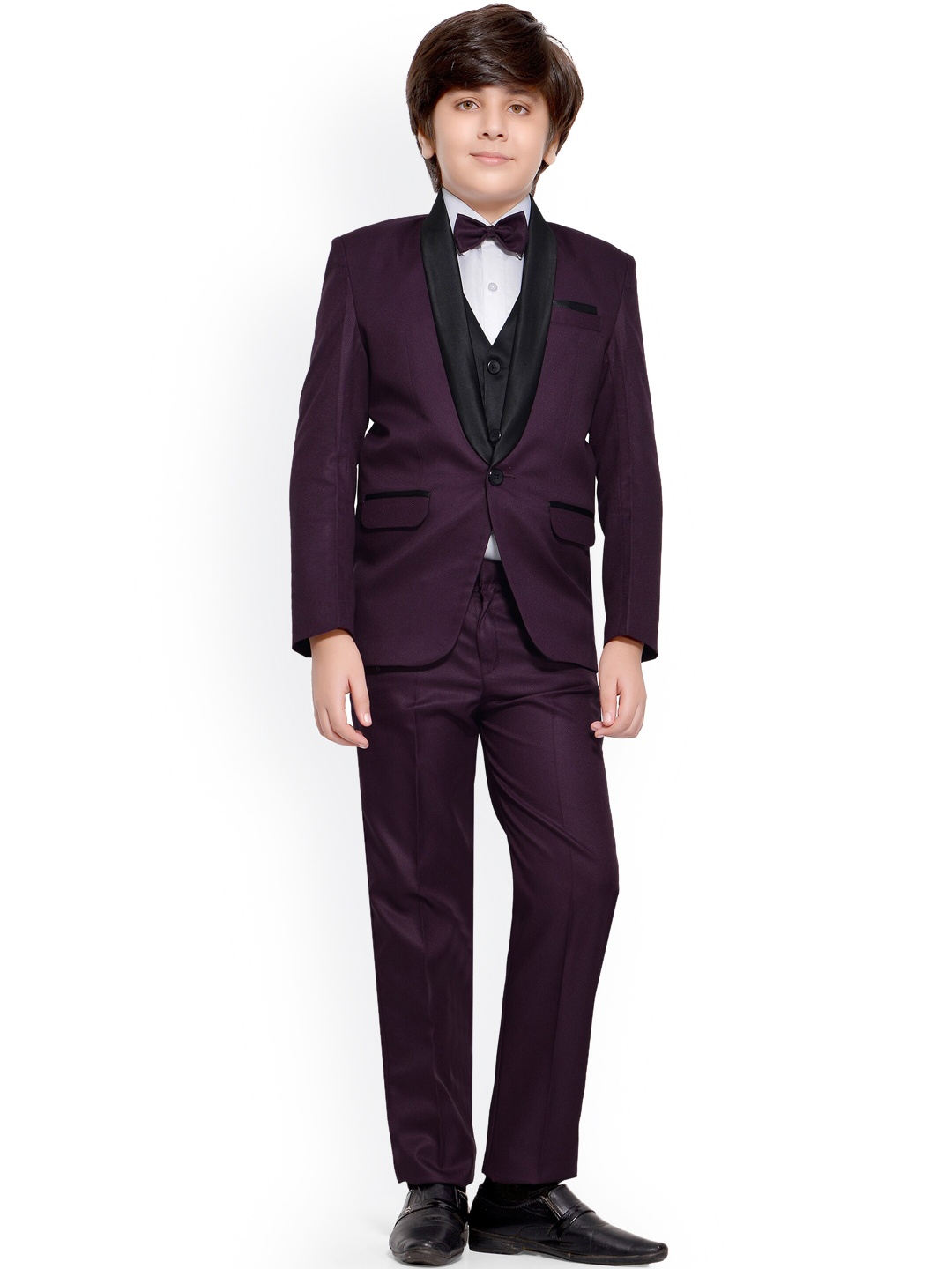 

Jeetethnics Boys Burgundy & Black Self Design 5-Piece Single-Breasted Partywear Suit