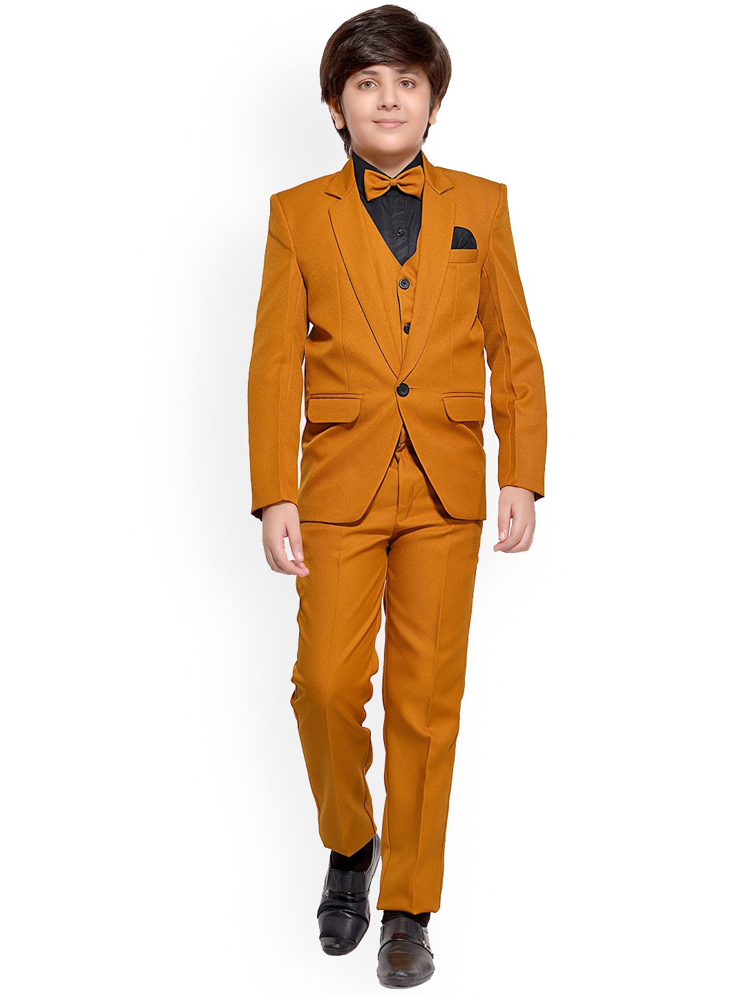 

Jeetethnics Boys Mustard Orange Solid 5-Piece Single-Breasted Partywear Suit