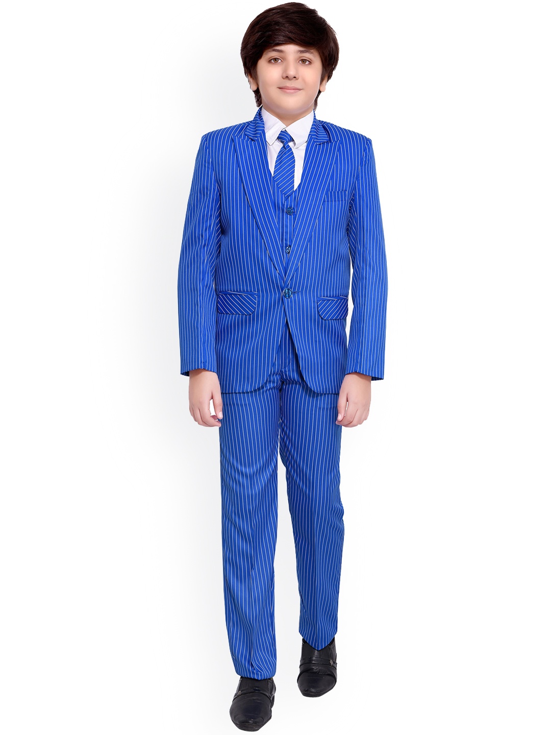 

Jeetethnics Boys Blue & White Striped 5-Piece Single-Breasted Partywear Suit