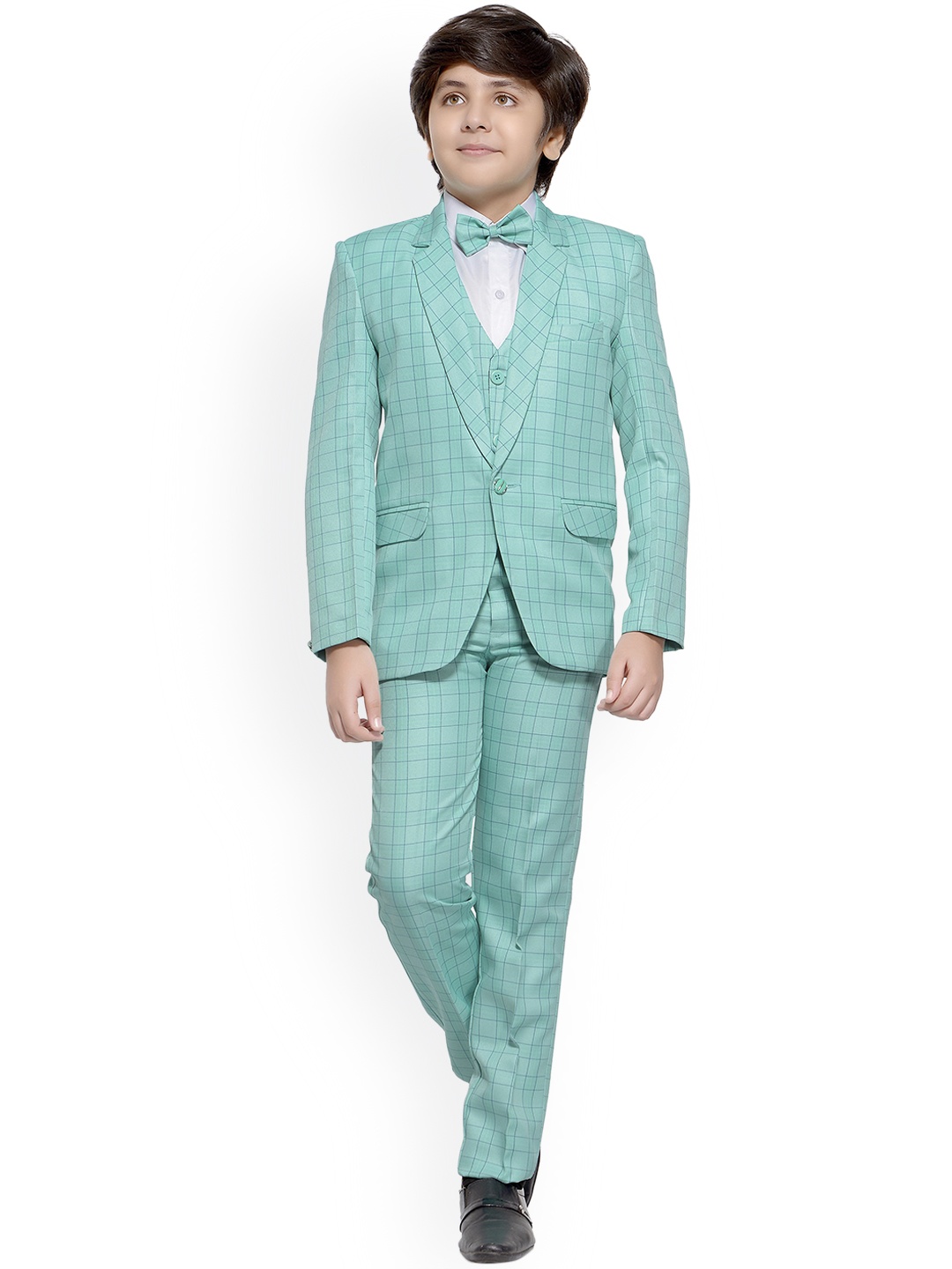 

Jeetethnics Boys Sea Green & Blue Checked 5-Piece Single-Breasted Partywear Suit
