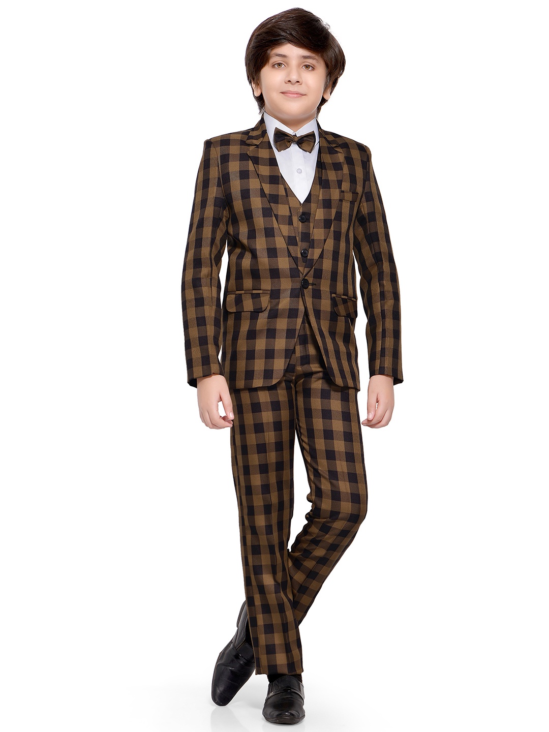 

Jeetethnics Boys Brown & Black Checked 5-Piece Single-Breasted Partywear Suit