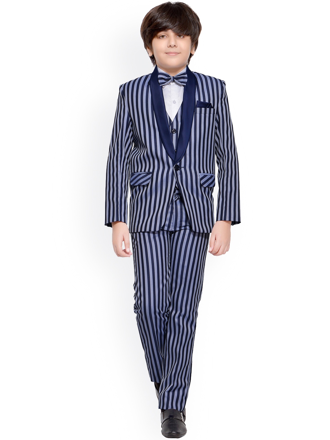 

Jeetethnics Boys Navy Blue Striped 5-Piece Single-Breasted Partywear Suit