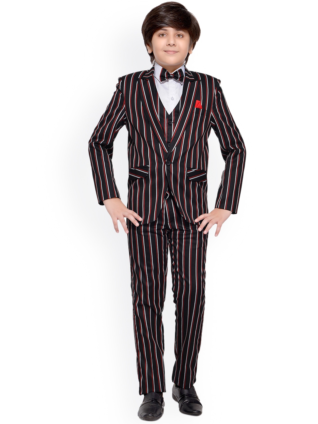 

Jeetethnics Boys Black & Red Striped 5-Piece Single-Breasted Partywear Suit