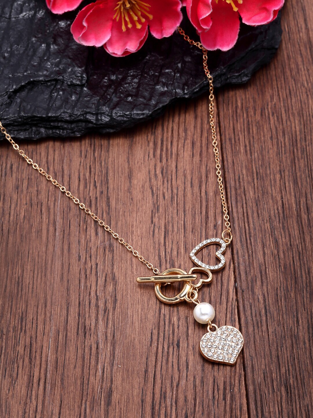 

Ferosh Gold-Toned & White Heart Crystal Open Necklace