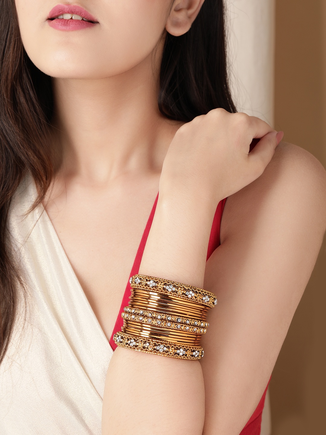 

Rubans Set Of 16 Gold-Plated White Stones Studded Handcrafted Bangles Set