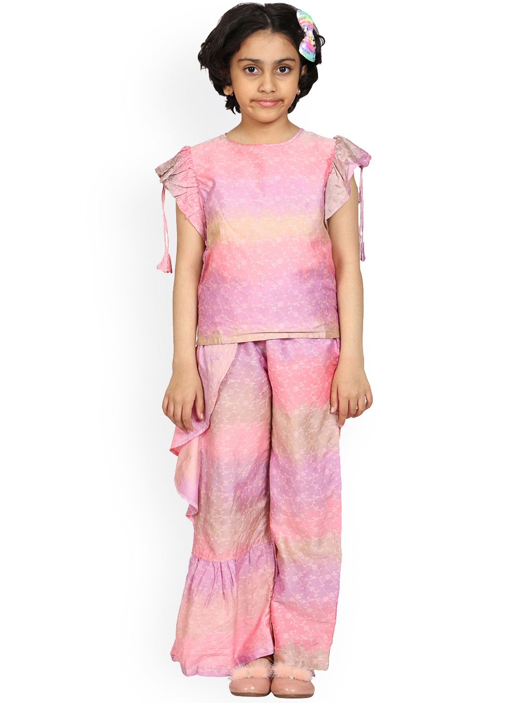 

KiddoPanti Girls Pink & Purple Printed Top with Palazzos