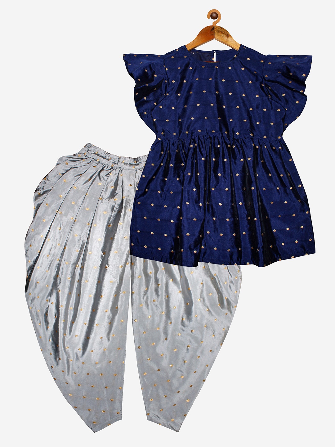 

KiddoPanti Girls Navy Blue & Grey Printed Top& Churidar