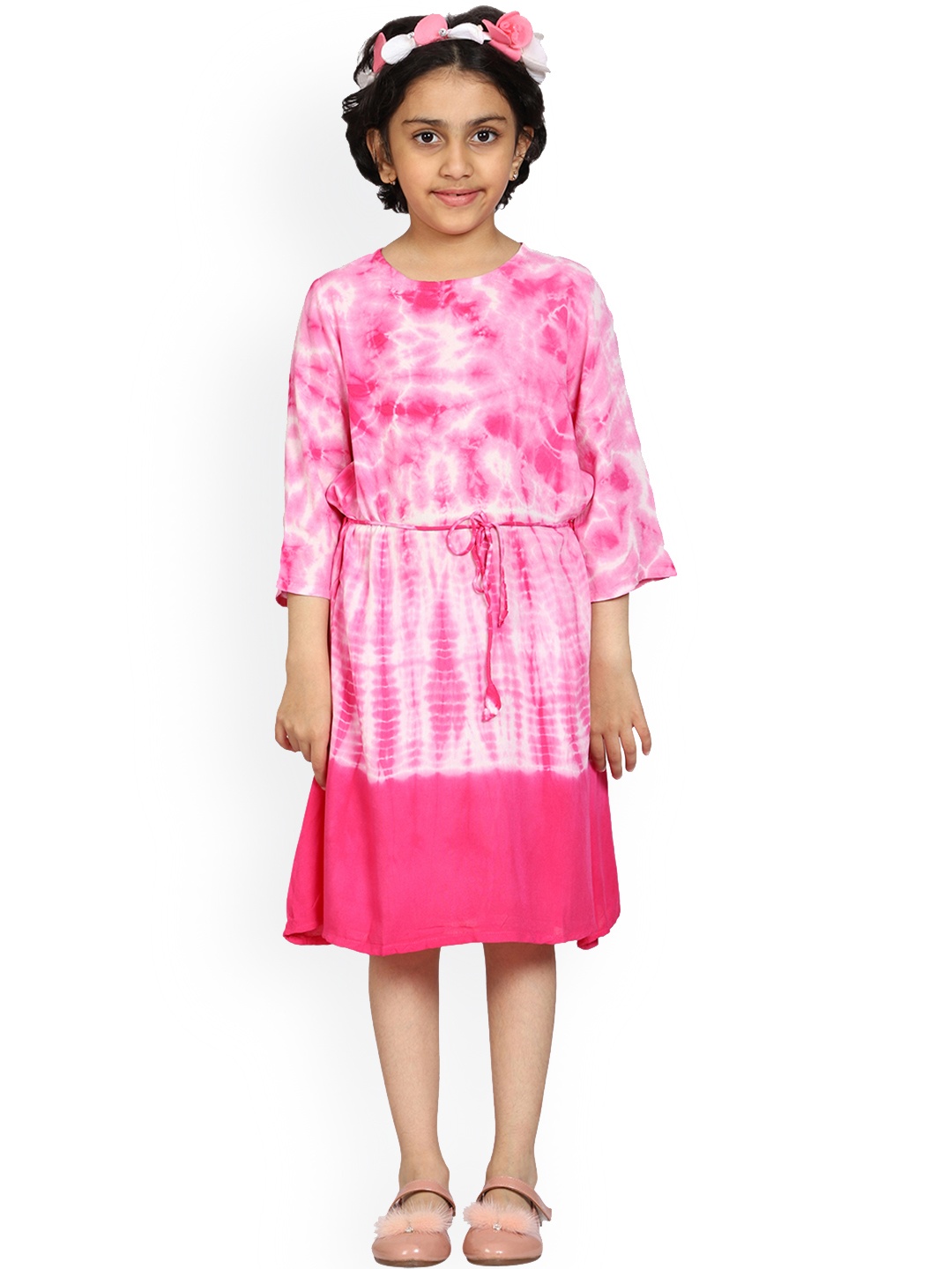 

KiddoPanti Pink & White Tie and Dye Dyed A-Line Dress With Dori