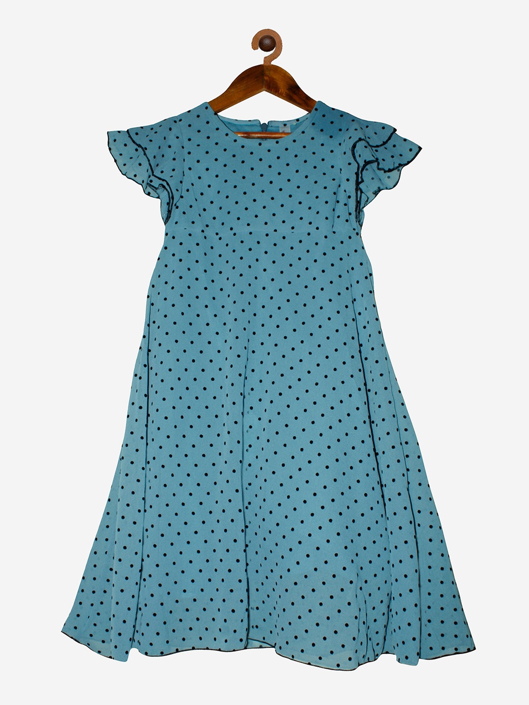 

KiddoPanti Blue & Black Polka Dots Printed Georgette A-Line Dress