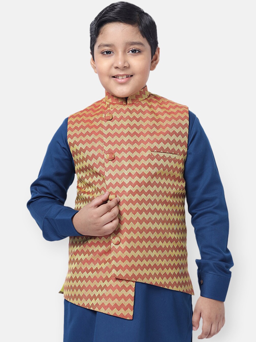 

NAMASKAR Boys Maroon & Mustard Yellow Printed Pure Cotton Nehru Jacket