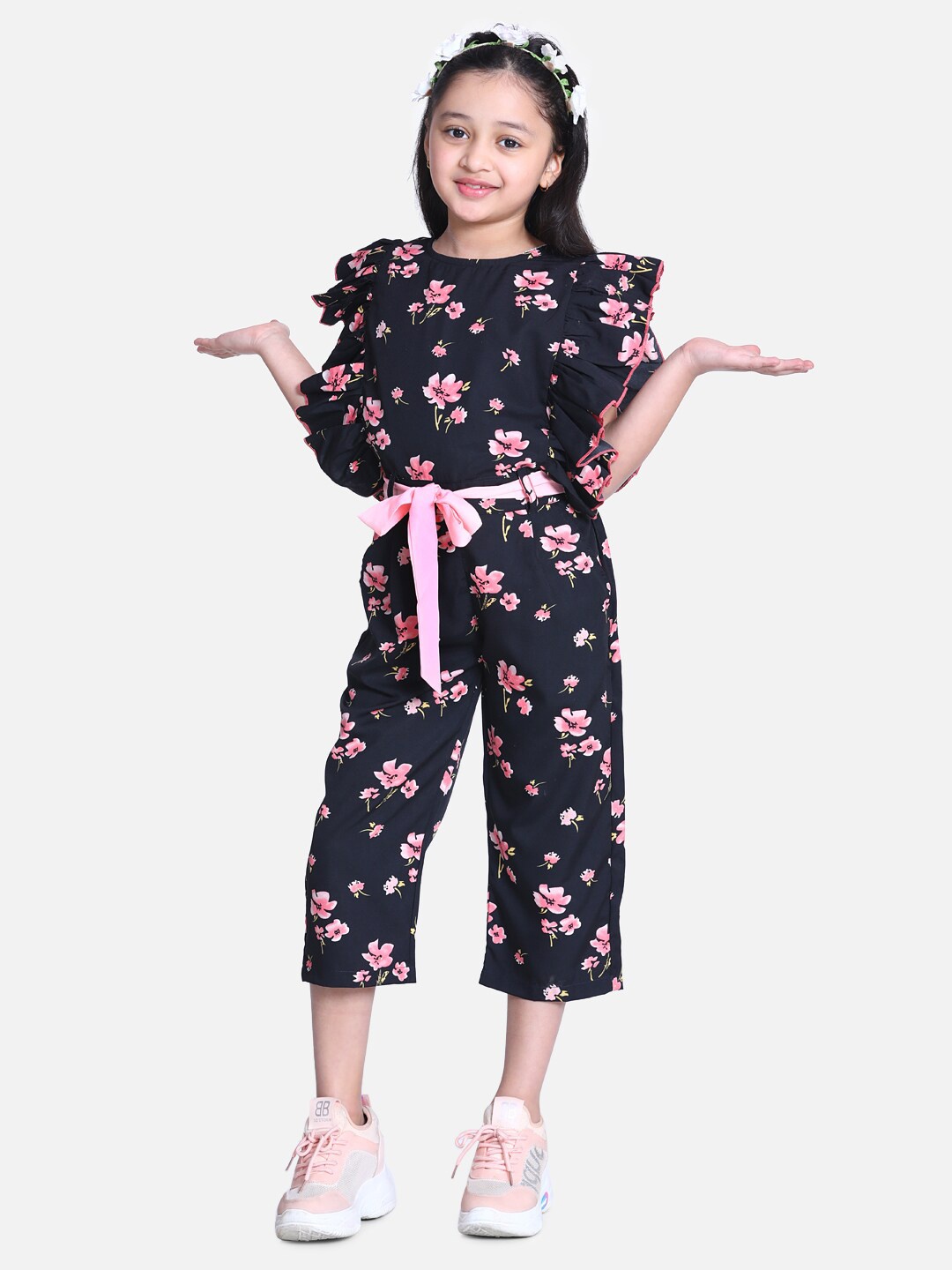 

Cutiekins Girls Black & Pink Printed Capri Jumpsuit with Ruffles