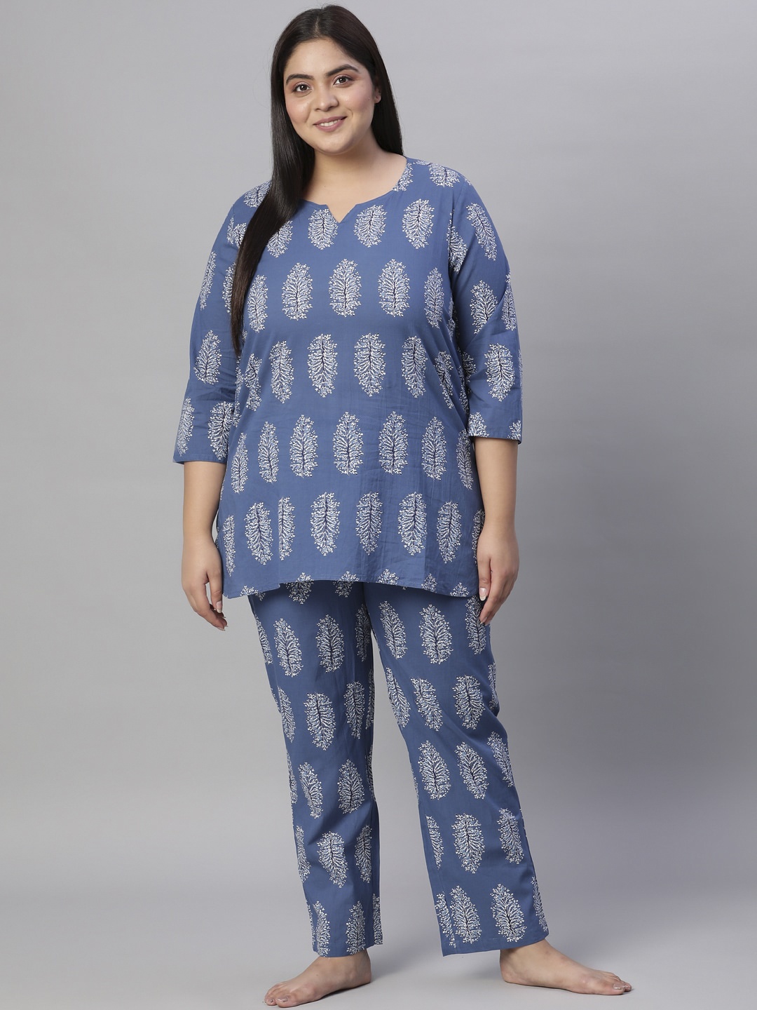 

Jaipur Kurti Women Printed Short Cotton Kurta With Pajamas, Blue