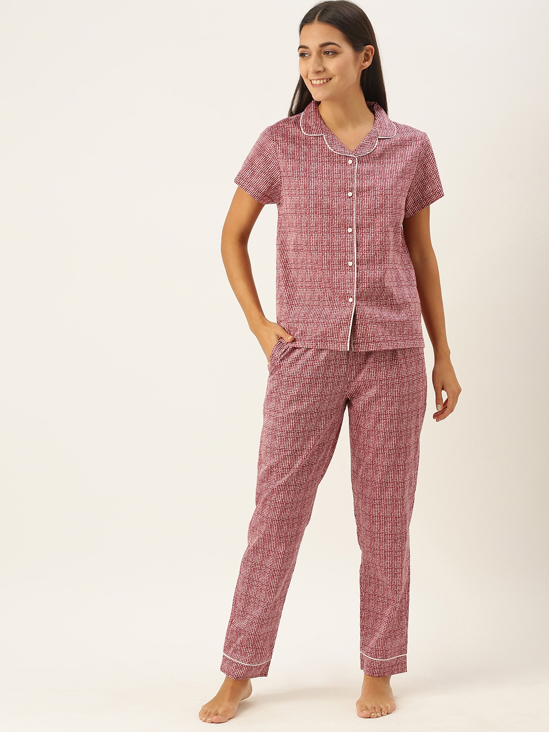 

IVOC Women White & Maroon Regular Fit Cotton Checked Night suit