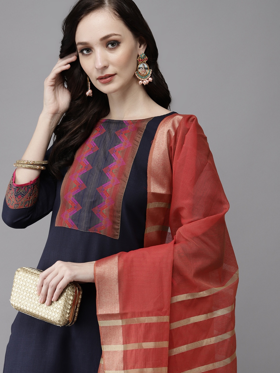 

Indo Era Women Navy Blue Regular Kurta with Salwar & With Dupatta