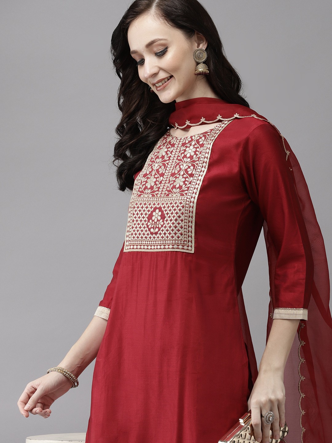 

Indo Era Women Red Yoke Design Regular Liva Kurta with Trousers & Dupatta